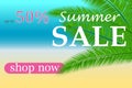 Sale banner with palm leaves. Floral tropical holidays background. Vector illustration. Hot Summer Sales design.