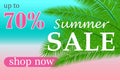 Sale banner with palm leaves. Floral tropical holidays background. Vector illustration. Hot Summer Sales design. Eps 10.