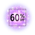 Sale banner 60 percent off on abstract explosion background with purple glittering elements. Burst of glowing star. Royalty Free Stock Photo