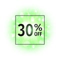 Sale banner 30 percents off on abstract explosion background with green glittering elements. Burst of glowing star. Royalty Free Stock Photo