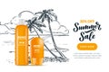 Sale banner, poster design template with sketch beach background. Vector realistic 3d illustration of sunscreen, palms
