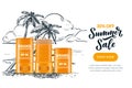 Sale banner, poster design template. Vector realistic 3d illustration of sunscreen stick in open and closed packaging