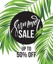 Sale banner, poster with palm leaves, jungle leaf and handwriting lettering. Floral tropical summer background. Vector