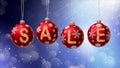 Sale banner on red Christmas balls with round snow flake on bokeh background. Royalty Free Stock Photo