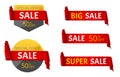 Sale banner set. Red glossy paper ribbon. Vector illustration.