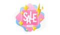 Sale banner with shop now button. Flash deal offer with 3d stars and lightning bolt. Discount event template. Vector