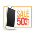 Sale banner with Smartphone discount fifty percent. Royalty Free Stock Photo