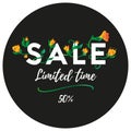 Sale banner or sticker. Limited time. Fifty percent off. Vector.