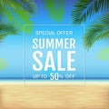 Sale Banner With Tropical Beach With Sea And Sand With Tropical Leaves