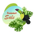 Sale banner with tropical leaves, poster with palm tree, toucan and lettering. social media promotional content EPS 10 Royalty Free Stock Photo