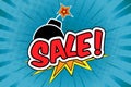 Sale banner, vector pop art illustration with comic bomb explosion on blue background, cartoon style image. Royalty Free Stock Photo