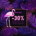 Sale Banner, Violet Background with Pink Flamingo and Purple Palm Leaves. Neon Modern Jungle Pattern