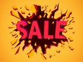 Sale banner. Wall explosion. Black crack in the yellow wall Royalty Free Stock Photo