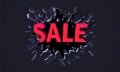 Sale banner. Wall explosion. Crack in the blue wall Royalty Free Stock Photo