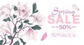 Spring sale banner template with branch of magnolia. Royalty Free Stock Photo