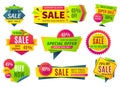 Sale banners. Price stickers collection, ribbons square and round shape badges and labels, discount coupons. Vector Royalty Free Stock Photo