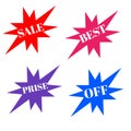 Sale, best, prise stickers colorful star and white letters icon 3d background brand and productions advertising