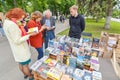 Sale of books on the embankment of the Volga River in a summer day.