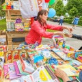 Sale of books on the embankment of the Volga River in a summer day.