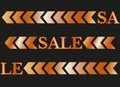 Sale bright letters and directional arrows. Bright orange gradient on black background. Vector pattern graphic for posters