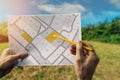 Sale of building plot of land for house construction. cadastral map on field background Royalty Free Stock Photo