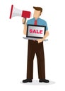Sale Businessman with a loudspeaker selling his computer laptop. Concept of sale and retail