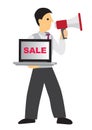 Sale Businessman with a loudspeaker selling his computer laptop. Concept of sale and retail
