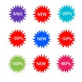 Sale, discount, buy, new, percentage stickers colorful star and white letters icon 3d background brand and productions advertising