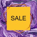 Sale card in gold frame on purple marble swirls background Royalty Free Stock Photo