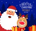 Sale card with santa claus, deer, winter forest and gifts. Cartoon illustration. Cute characters. Royalty Free Stock Photo