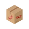 Sale Cardboard box isolated. discount pasteboard case on white b