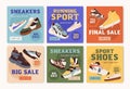 Sale cards designs set for sport store with fashion sneakers, trainers. Square ad backgrounds with shoes discount, price