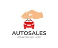 Sale of cars, hand holds key chain with machine, logo design. Autodealer, car showroom and transport, vector design. Transportatio Royalty Free Stock Photo