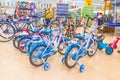 Sale of children`s bicycles dumplings in the network hypermarket.