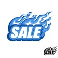 Sale, colored glowing blue fire inscription with a flame, tongues of fire, flash