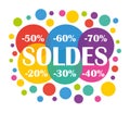 Sale. Colorful hand drawn vector illustration with promo labels. French language.