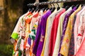 Sale of colorful kimonos on the city street in Kyoto, Japan. Close-up. Royalty Free Stock Photo