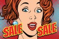 Sale comic text pop art woman