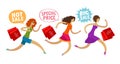 Sale, outlet concept. Girls run to the mall for shopping. Cartoon in flat style, vector illustration