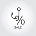 Sale concept linear icon. Abstract label of hook and percent. Promotion, marketing and advertising logo. Vector