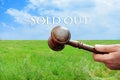 Sale concept,wooden gavel on green grass background Royalty Free Stock Photo