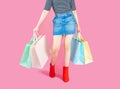 Sale and consumerism concept-Part body, beautiful female in denim short skirt, slender legs in red boots. Sexy woman holding a Royalty Free Stock Photo