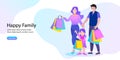 Happy family and children shopping. Father, mother and children with packages and purchases. Vector illustration of a cartoon styl Royalty Free Stock Photo