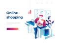 Sale, consumerism and people concept. Young woman is unpacking bags and shopping online using laptop. Landing page