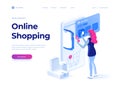 Sale, consumerism and people concept. Young woman shop online using smartphone. Landing page. 3d vector isometric illustration.