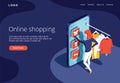 Sale, consumerism and people concept. Young woman shop online using smartphone. Landing page template.