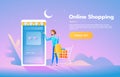 Sale, consumerism and people concept. Young woman shop online using smartphone. Landing page template. Vector isometric Royalty Free Stock Photo