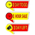 Sale countdown badges. Last hour offer banner, one day sales and one day left, one day to go promo stickers. Business limited