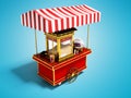 Sale and creation of popcorn in red tent on wheels 3d render on blue background with shadow