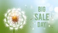 Sale day banner. Season discount flyer with realistic dandelion flower and flying fluffy seeds vector background